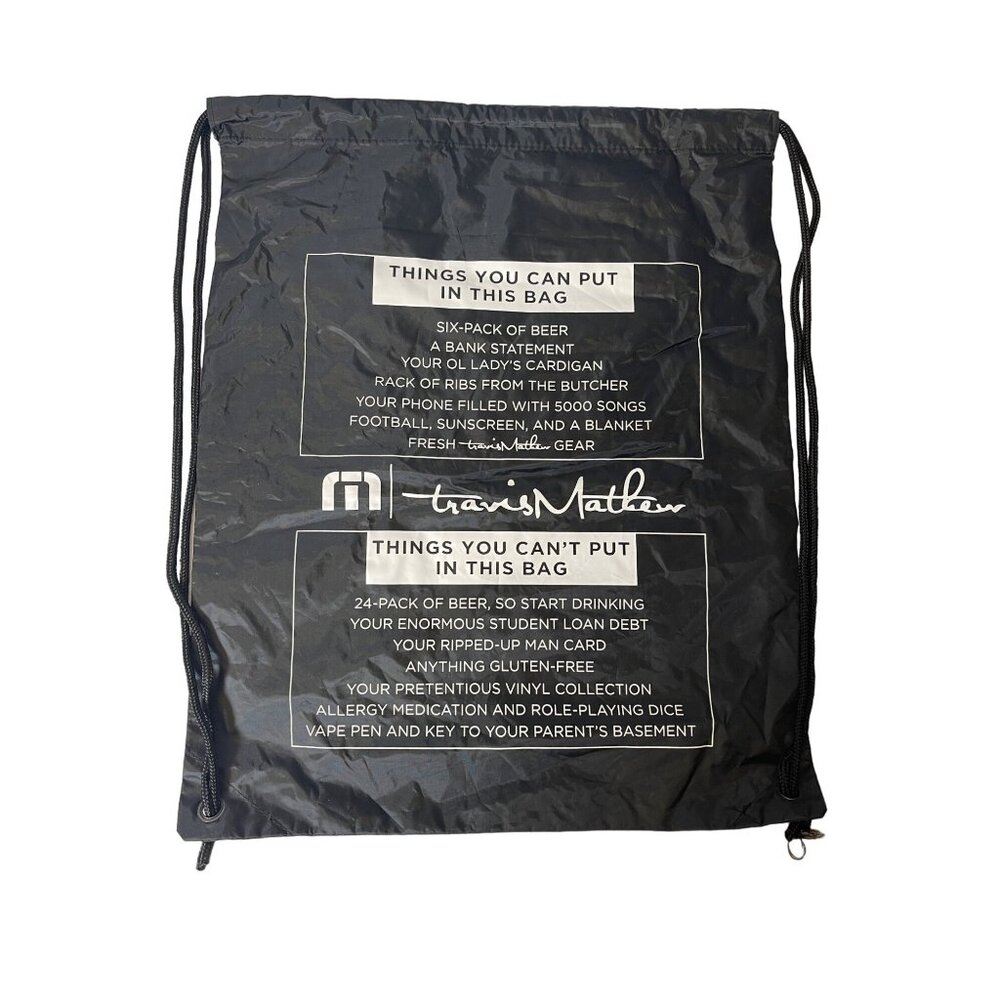 Travis Mathew Golf Black Drawstring Nylon Backpack Cinch Bag w/ Zippered Pocket - Picture 2 of 5